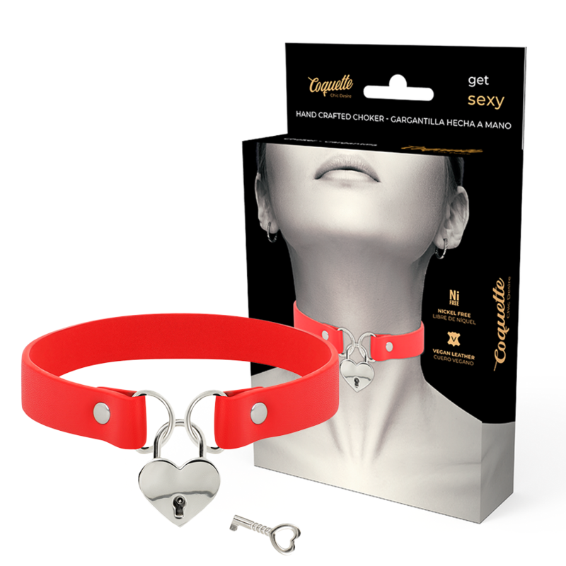 DÉSIR COQUETTE CHIC - COLLIER EN CUIR VÉGÉTALIEN ROUGE AVEC ACCESSOIRE CŒUR ET CLÉ