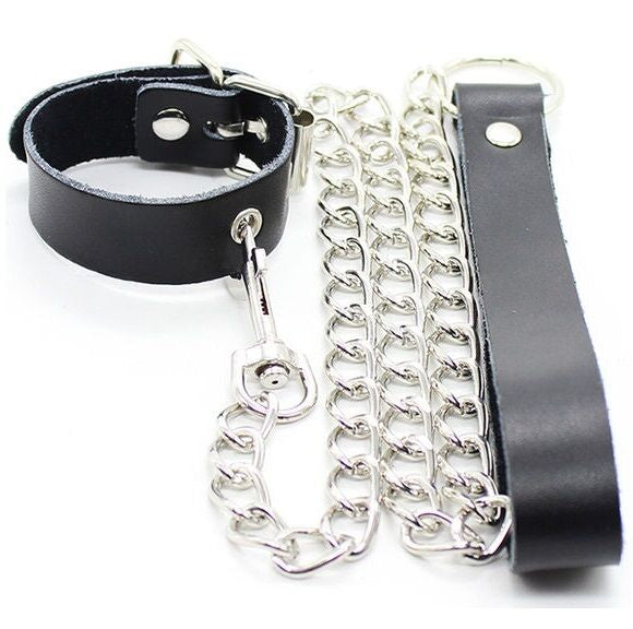 OHMAMA FETISH - COLLIER PÉNIS ET LANIÈRE EN CUIR AVEC CHAÎNE MÉTALLIQUE