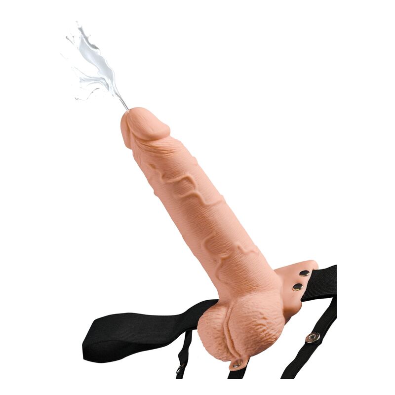 SÉRIE FETISH FANTASY - HARNAIS AJUSTABLE PÉNIS RÉALISTE AVEC TESTICULES ÉJACULANT 19 CM