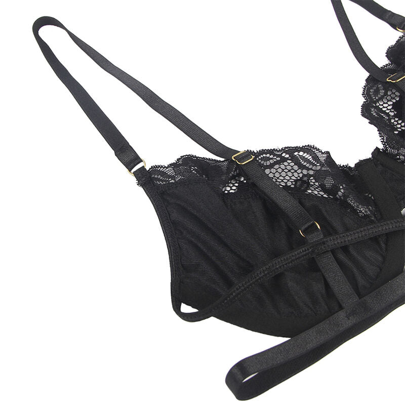 SUBBLIME - ENSEMBLE 3 PIÈCES SOUTIEN-GORGE + STRING + PORTE-JARRETELLES EN DENTELLE NOIR S/M