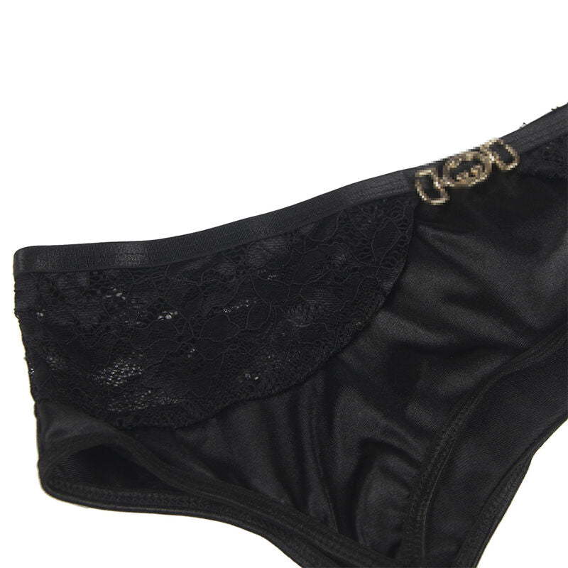 SUBBLIME - ENSEMBLE 3 PIÈCES SOUTIEN-GORGE + STRING + PORTE-JARRETELLES EN DENTELLE NOIR S/M