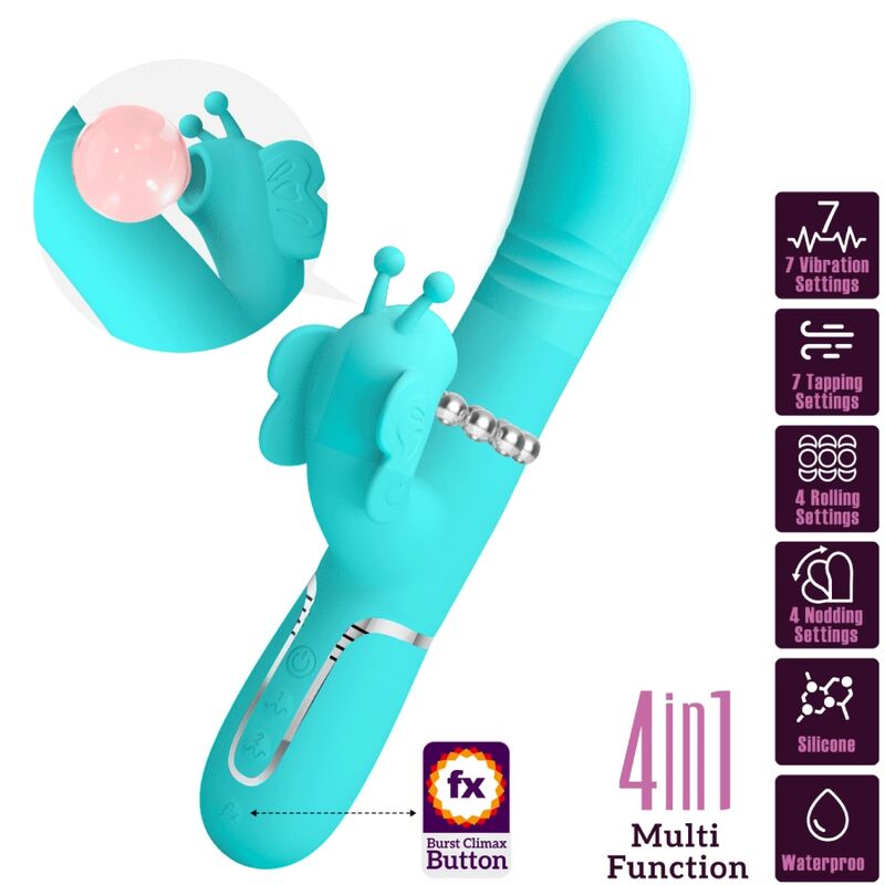 PRETTY LOVE - VIBREUR LAPIN MULTIFONCTION 4 EN 1 BUTTERFLY VERT D'EAU