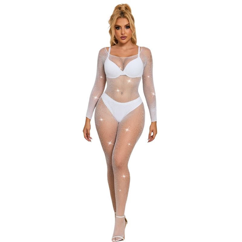 SUBBLIME - 952396 FISCHNETZ-BODY MIT STRASS STEINEN LANGARM WEISS EINHEITSGRÖSSE