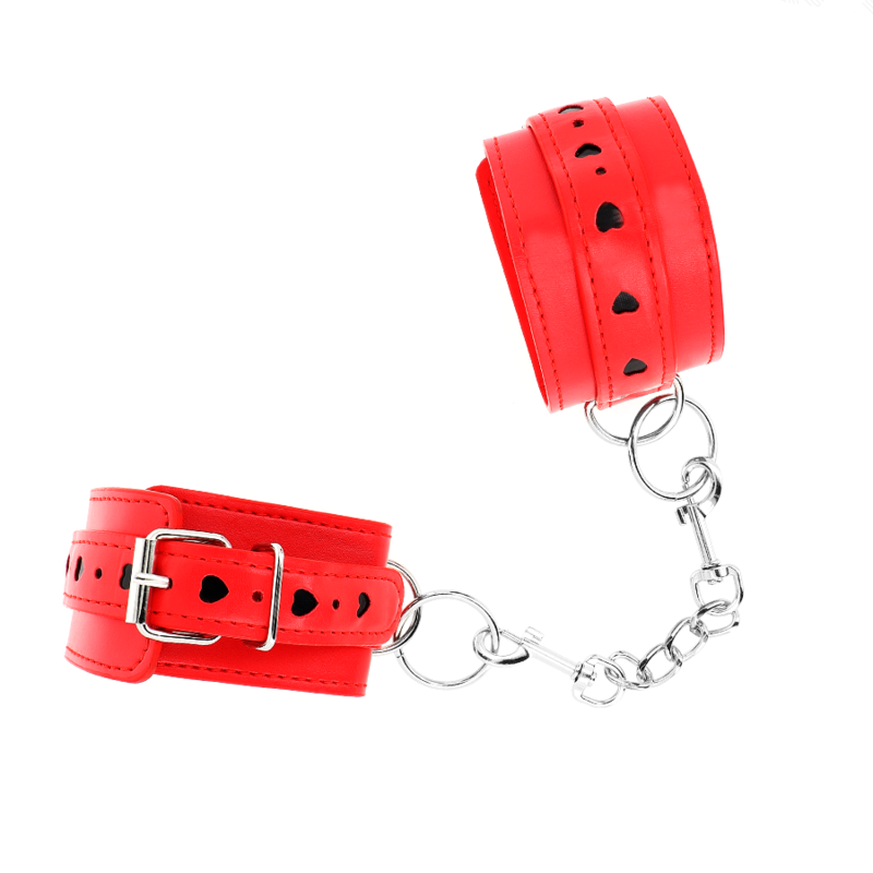 MENOTTES DE POIGNET ROUGES AVEC INCRUSTATION EN COEUR NOIR RÉGLABLES 21-28 CM X 5.5 CM