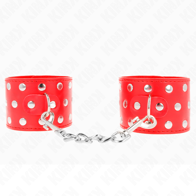 KINK - MENOTTES DE POIGNET À FERMETURE RAPIDE PLEINES DE RIVETS ROUGES AJUSTABLES 19-24 CM X 5.5 CM
