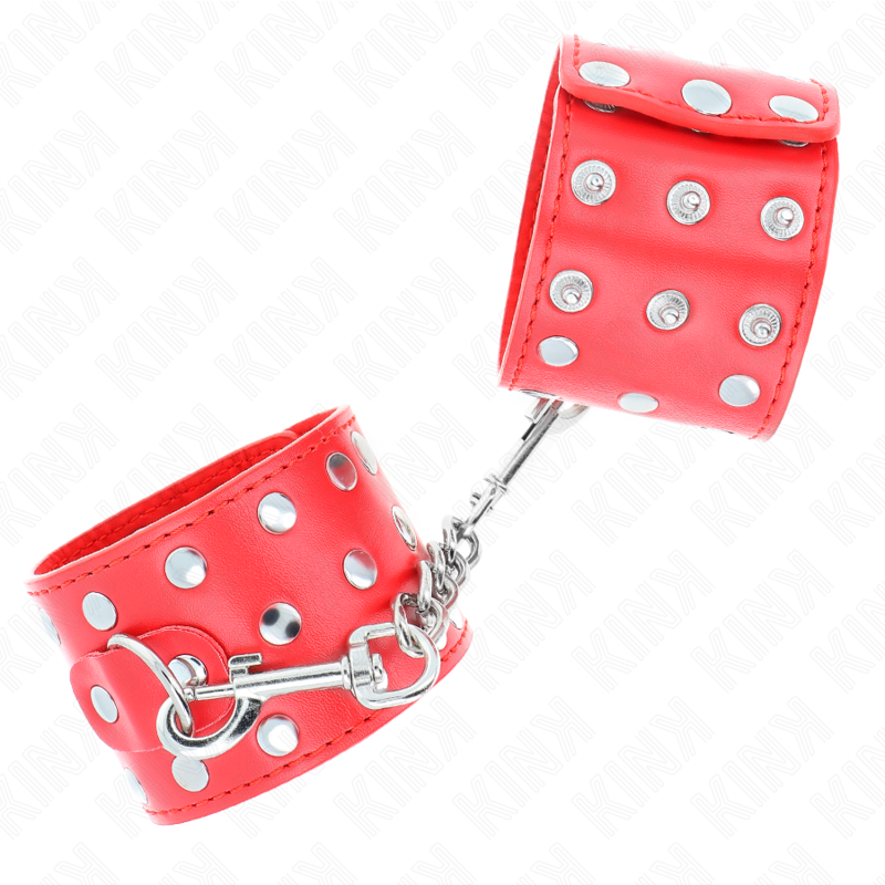 KINK - MENOTTES DE POIGNET À FERMETURE RAPIDE PLEINES DE RIVETS ROUGES AJUSTABLES 19-24 CM X 5.5 CM