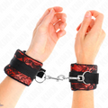 KINK - KURZE SAMT-SPITZEN-HANDGELENKSFESSELN UND NYLONFESSEL ROT / SCHWARZ 23 X 6,5 CM