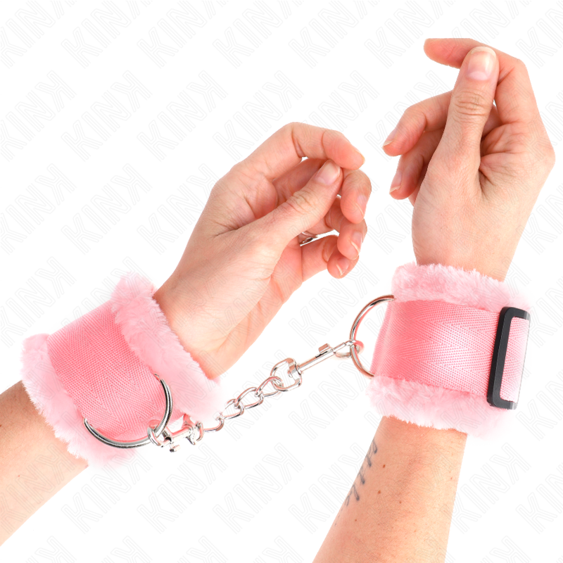 KINK - MENOTTES REMBOURRÉES EN FOURRURE ROSE AJUSTABLES 17-31 CM X 7 CM
