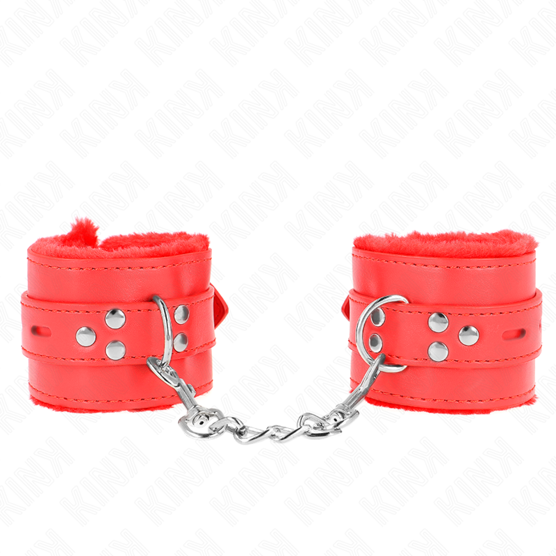 KINK - MENOTTES EN FOURRURE AVEC TROUS CARRÉS ROUGES ET CEINTURE ROUGE AJUSTABLE 17-29 CM X 6 CM