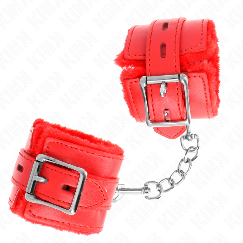 KINK - MENOTTES EN FOURRURE AVEC TROUS CARRÉS ROUGES ET CEINTURE ROUGE AJUSTABLE 17-29 CM X 6 CM
