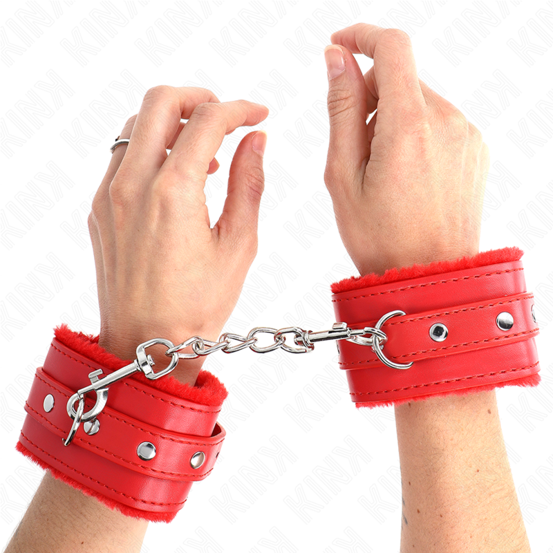 KINK - MENOTTES DOUBLÉES DE FOURRURE ROUGE AVEC CEINTURE ROUGE AJUSTABLE 17-29 CM X 6 CM