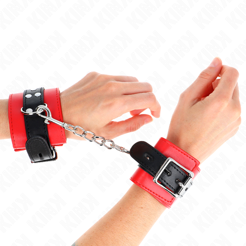 KINK - MENOTTES DE POIGNET ROUGES AVEC SANGLE NOIRE AJUSTABLES 17-28 CM X 6 CM