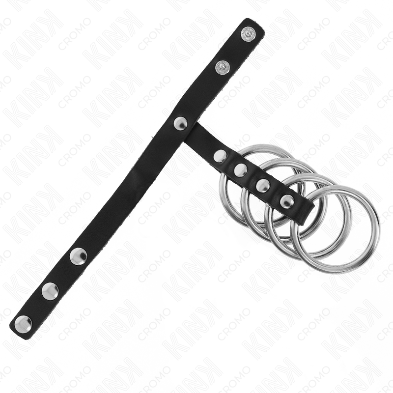 KINK - 4 ANNEAUX PÉNILIENS EN MÉTAL DE 3,8 CM RELIÉS PAR UNE SANGLE EN CUIR DE 22 X 1,5 CM ET UNE FERMETURE À PRESSION