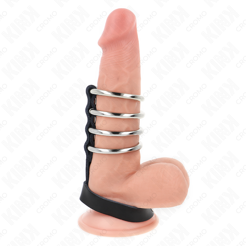 KINK - 4 ANNEAUX PÉNILIENS EN MÉTAL DE 3,8 CM RELIÉS PAR UNE SANGLE EN CUIR DE 22 X 1,5 CM ET UNE FERMETURE À PRESSION