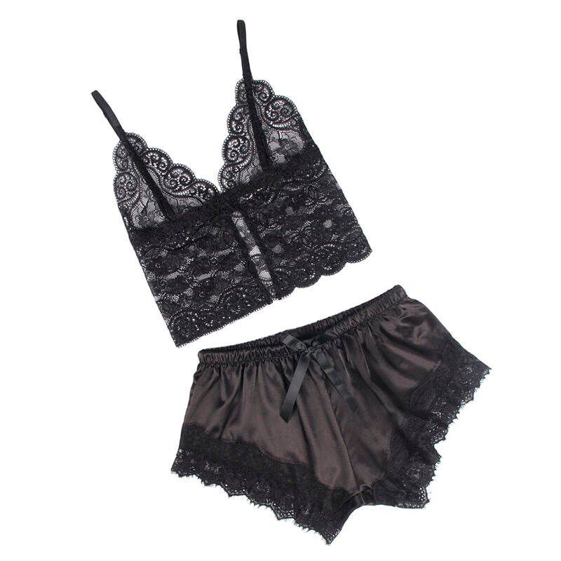 SUBBLIME - 953942 CHEMISE DE NUIT DÉTENTE EN SOIE + PANTALON EN DENTELLE NOIR L/XL