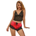 SUBBLIME - 953966 LEICHTES SEIDENNACHTHEMD + SPITZENHOSE SCHWARZ/ROT L/XL
