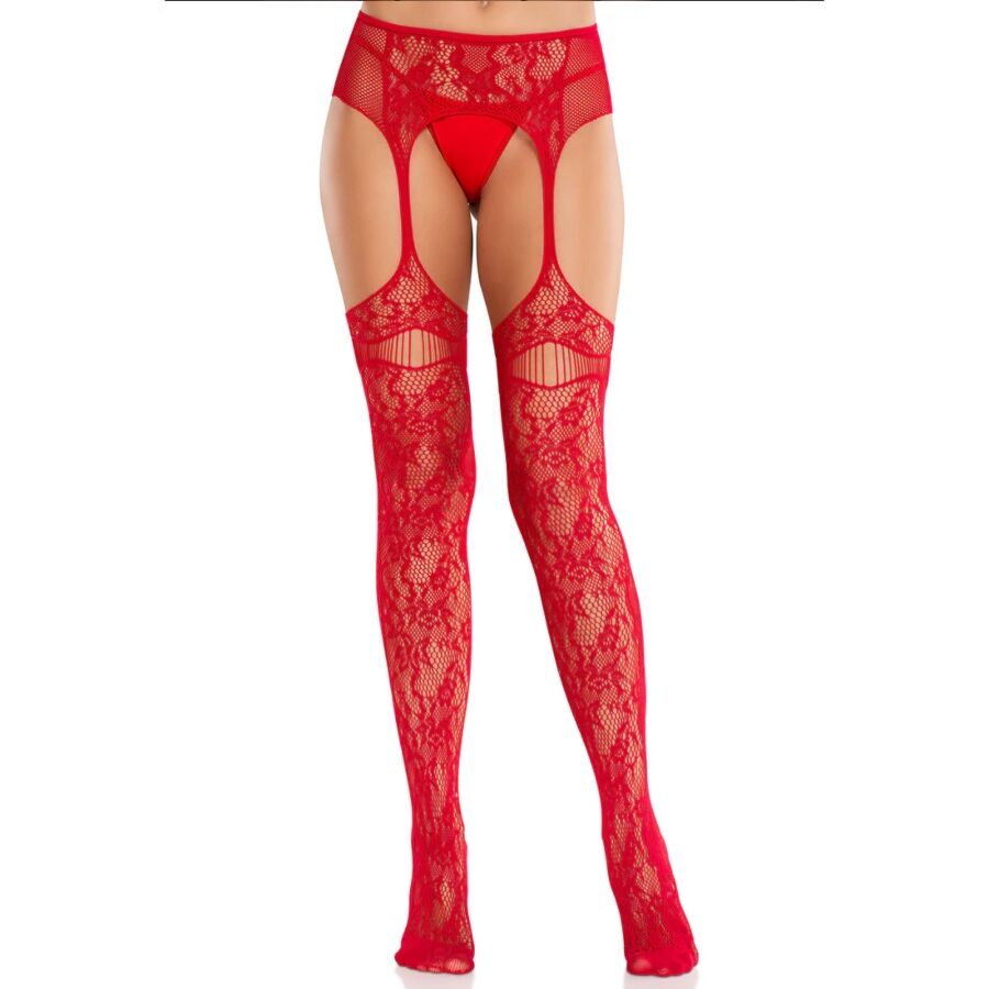 LEG AVENUE - BAS AUTO-FIXANTS EN DENTELLE ROUGE