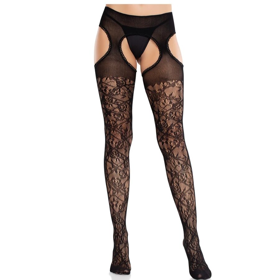 LEG AVENUE - BAS AUTO-FIXANTS EN DENTELLE FLORALE NOIRS