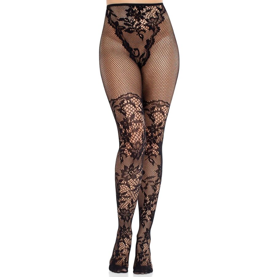 LEG AVENUE - BAS AUTOFIXANTS DAHLIA EN DENTELLE AVEC DÉTAIL EN FILET NOIR
