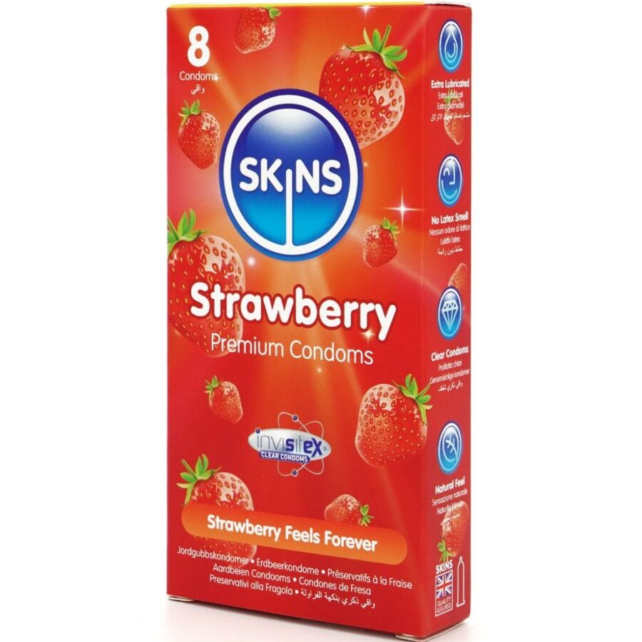 SKINS - PRÉSERVATIFS DE QUALITÉ SUPÉRIEURE À LA FRAISE PAQUET DE 8