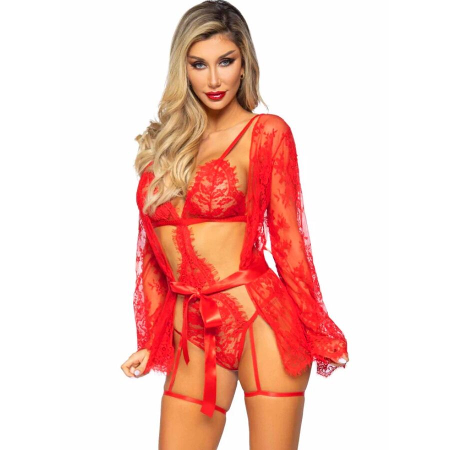 LEG AVENUE - 86123 TEDDY + GARTER ROBE SET ROT GRÖSSE M