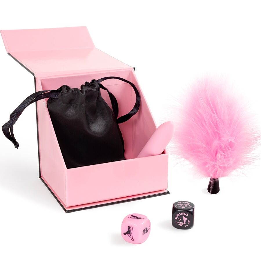 SECRET PLAY - COFFRET PLAISIRS POUR COUPLES : DÉS + BALLE VIBRANTE + PLUMEAU