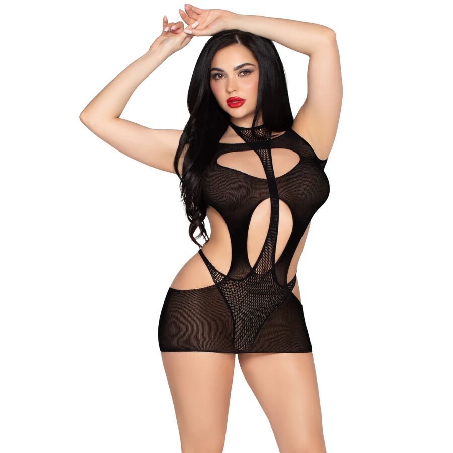 LEG AVENUE - 81680 ROBE COURTE OPAQUE ET TEDDY HALTER NOIR - TAILLE UNIQUE