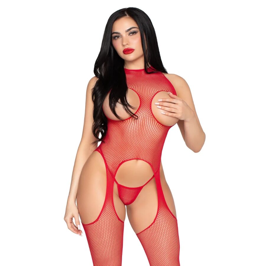 LEG AVENUE - 89374 BAS RÉSILLE SANS BONNET ET PETIT CULOTTE ROUGE - TAILLE UNIQUE