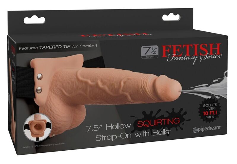 SÉRIE FETISH FANTASY - HARNAIS AJUSTABLE PÉNIS RÉALISTE AVEC TESTICULES ÉJACULANT 19 CM