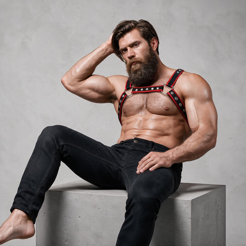 FETISH SUBMISSIVE ATTITUDE - MEN'S ECO-LEATHER CHEST BULLDOG HARNESS BLACK/RED