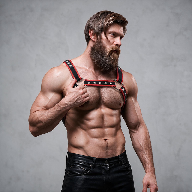 FETISH SUBMISSIVE ATTITUDE - MEN'S ECO-LEATHER CHEST BULLDOG HARNESS BLACK/RED