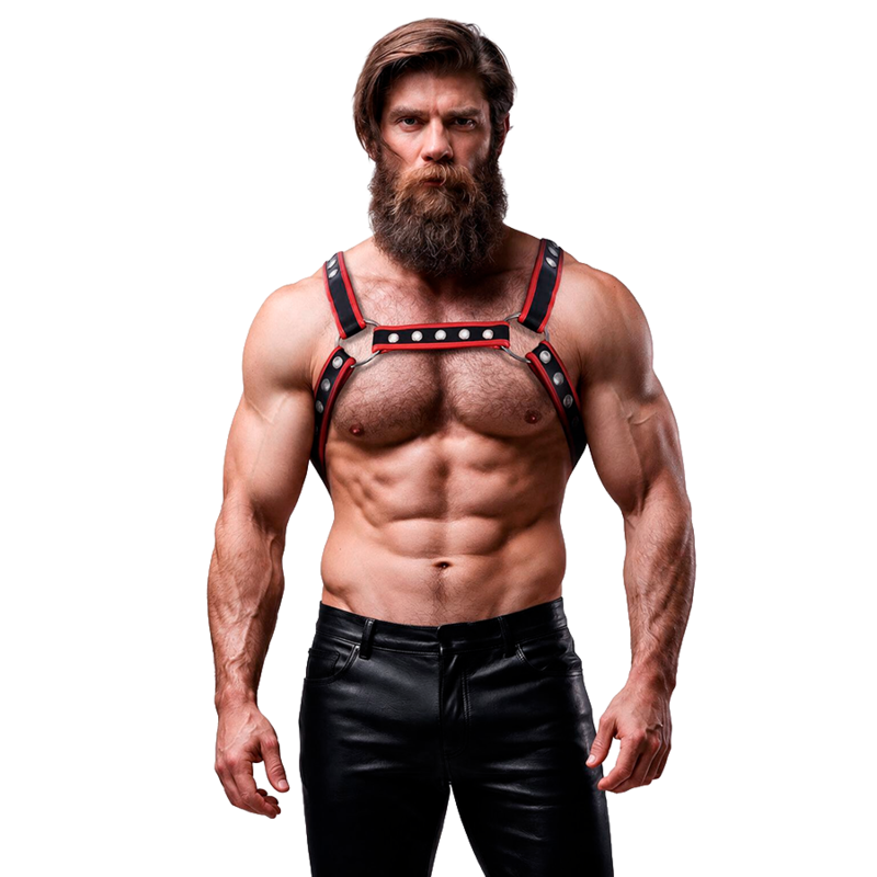 FETISH SUBMISSIVE ATTITUDE - MEN'S ECO-LEATHER CHEST BULLDOG HARNESS BLACK/RED