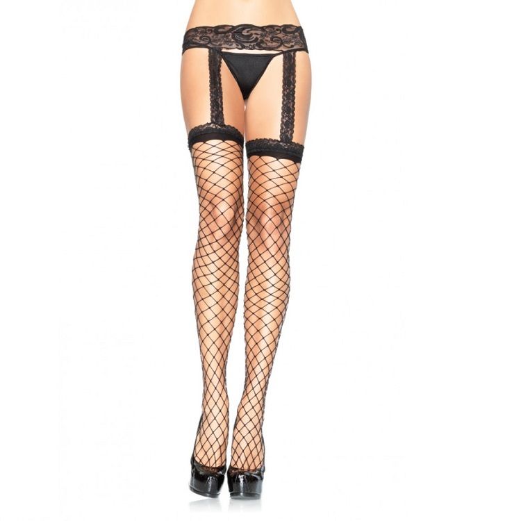 LEG AVENUE - BAS RÉSILLE AVEC JARRETIÈRE EN DENTELLE NOIRE